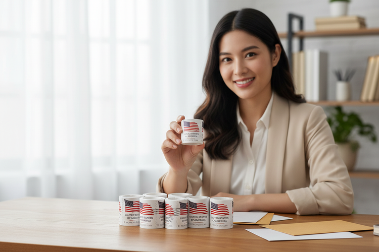 Woman holding USA Flag Forever postage stamp coil rolls at a desk – Fevercollect.us