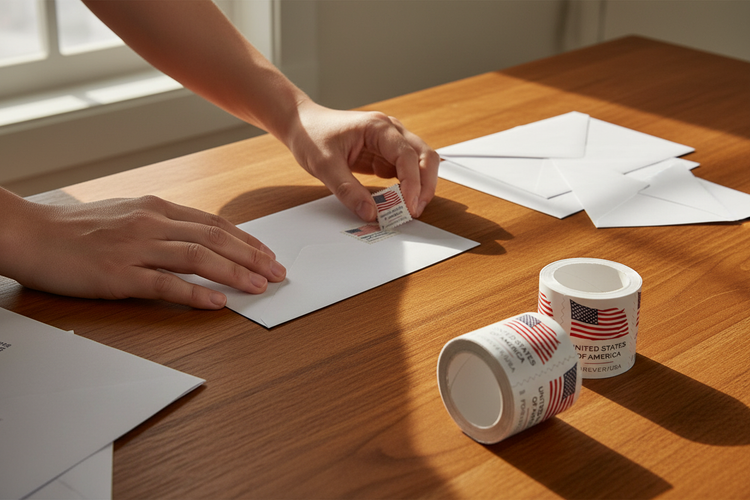 Hands placing USA Flag Forever postage stamps on envelopes with stamp coil rolls on desk – Fevercollect.us